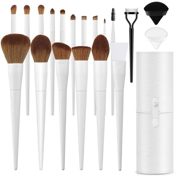 20PCs White Professional Makeup Brushes Travel Kit with Holder & 2 Powder Puff - Picture 3 of 6